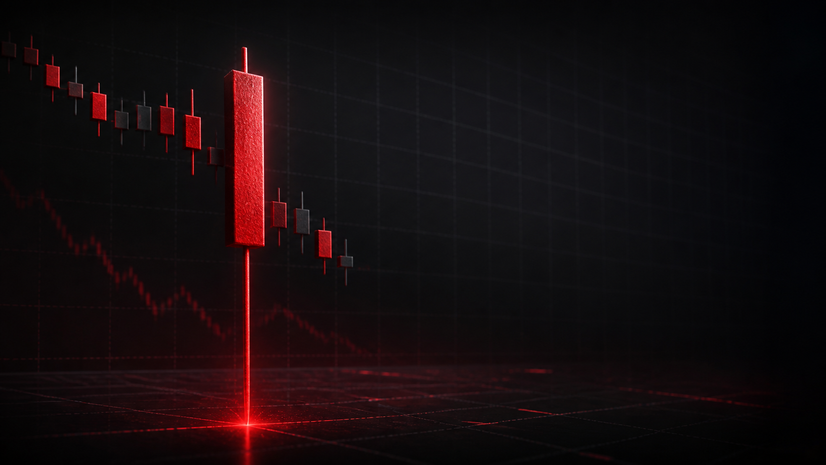 A dramatic red candlestick with a long lower wick on a dark trading chart